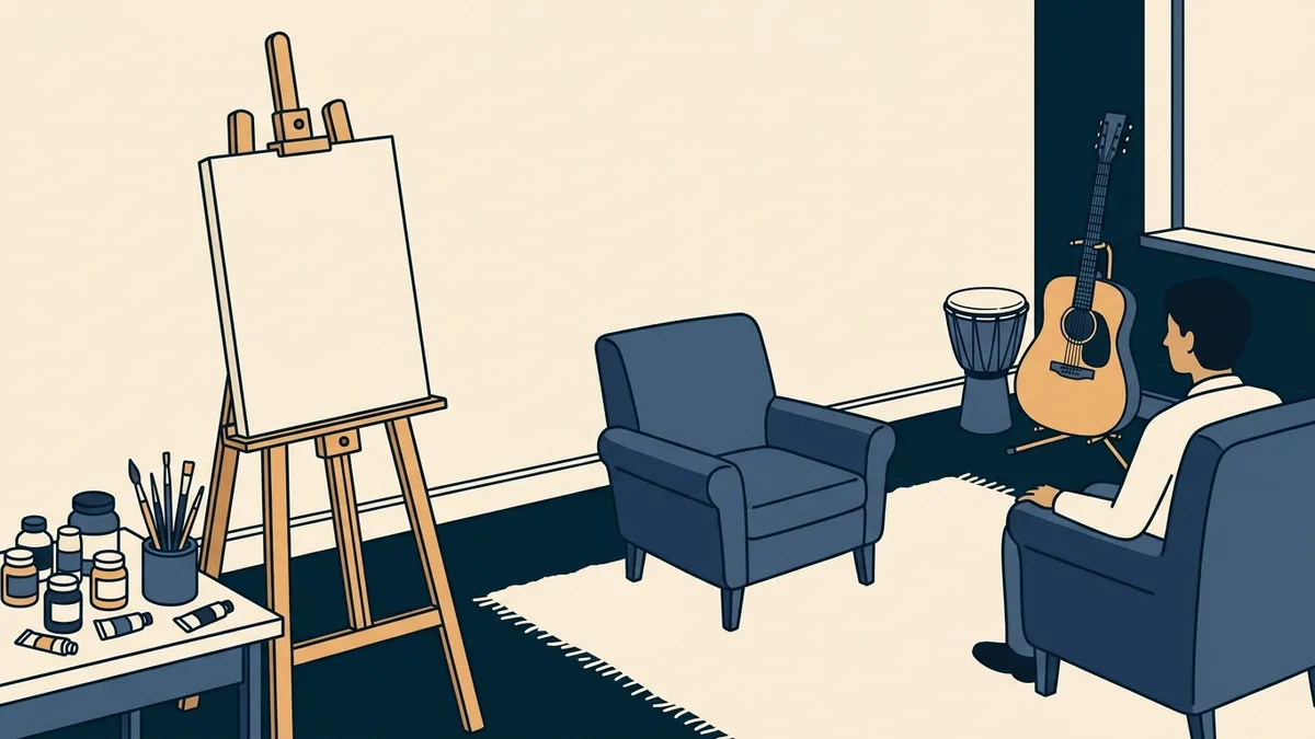 A therapy room with an easel and paints on one side and a guitar and hand drum on the other.