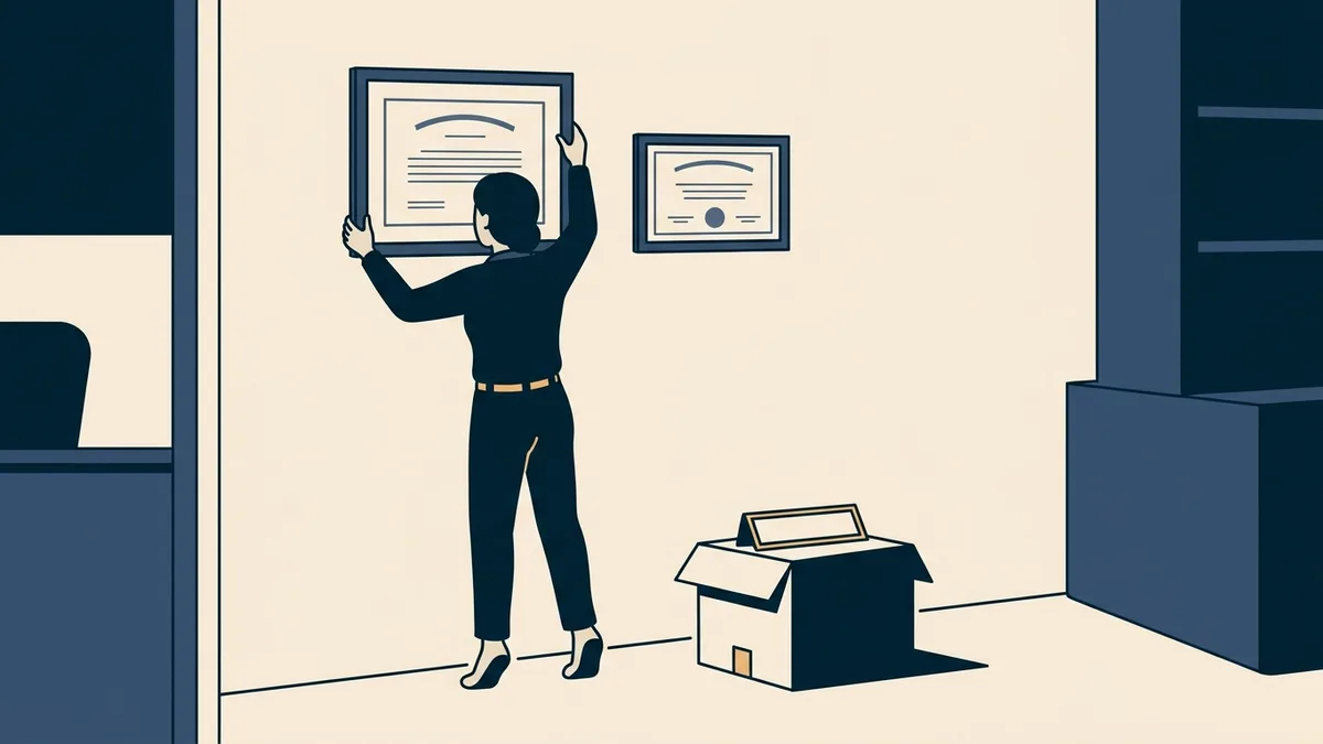 A counselor hanging a new framed license on an office wall next to an older framed associate certificate.