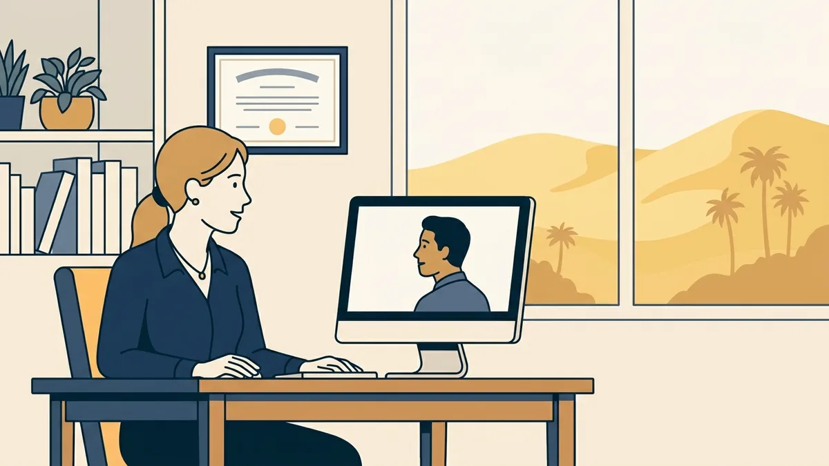 A counselor in a sunny home office on a video session, with a window view of California hills and palm trees.