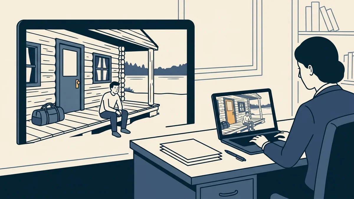 A counselor on a video session with a client who is sitting on the porch of a lakeside cabin.