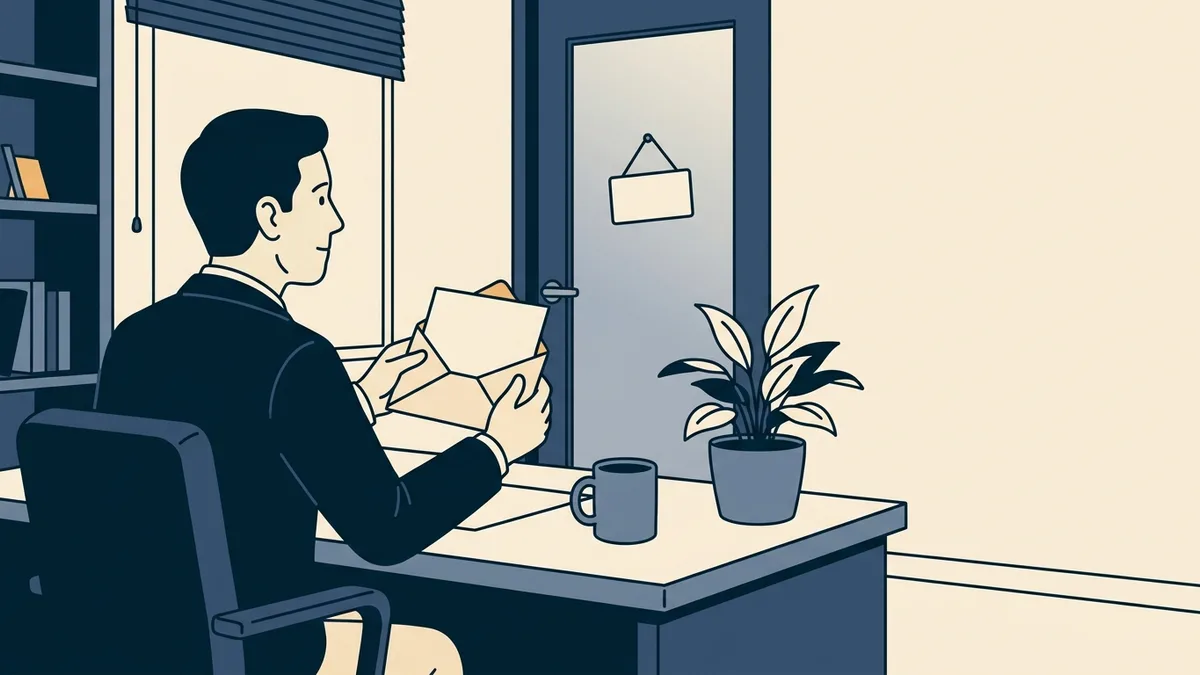A counselor reading a letter at a desk while looking toward a door with a closed sign hanging on it.