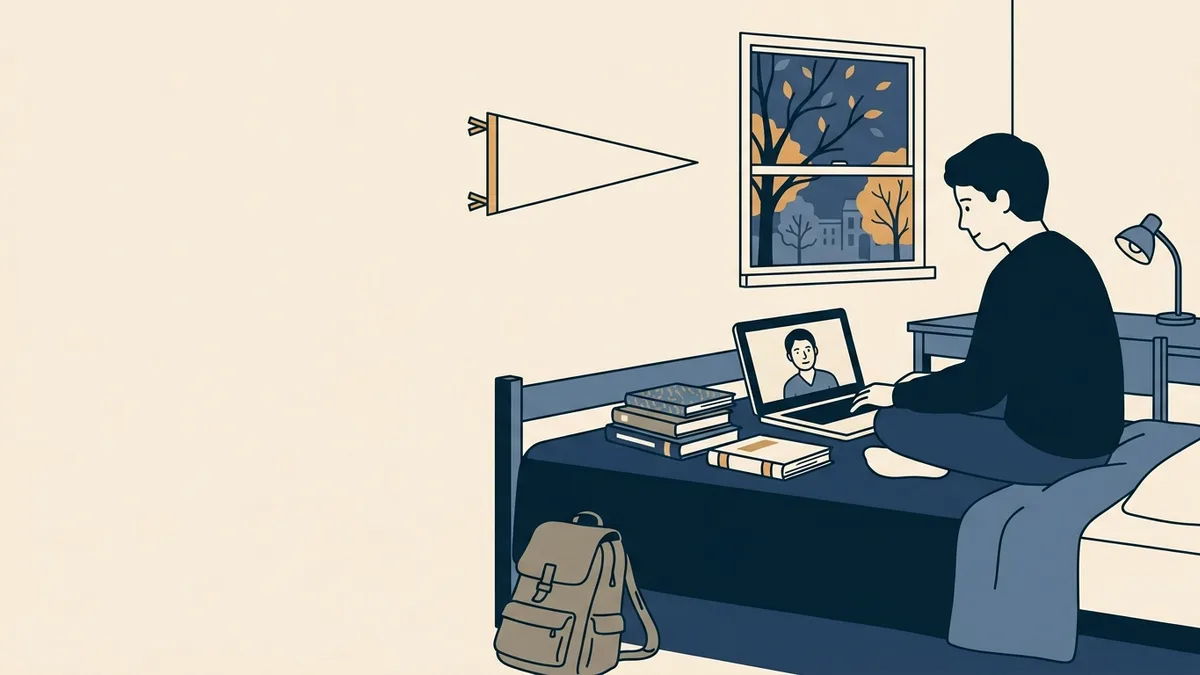 A college student on a video counseling session from a dorm room with a backpack and stacked textbooks, a pennant on the wall.