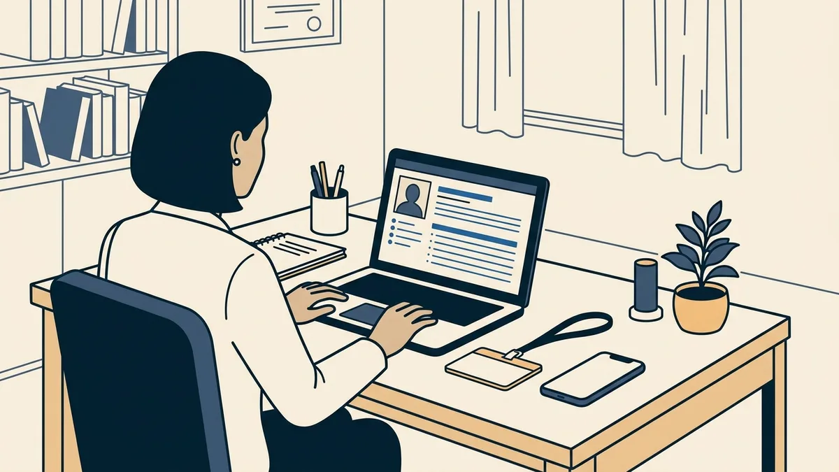 A counselor reviewing a directory profile on a laptop with an insurance card and a phone on the desk.