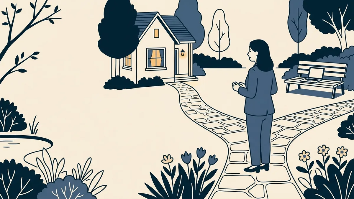 A counselor standing at a fork in a garden path, one path leading to a small house and the other to a laptop on a bench.