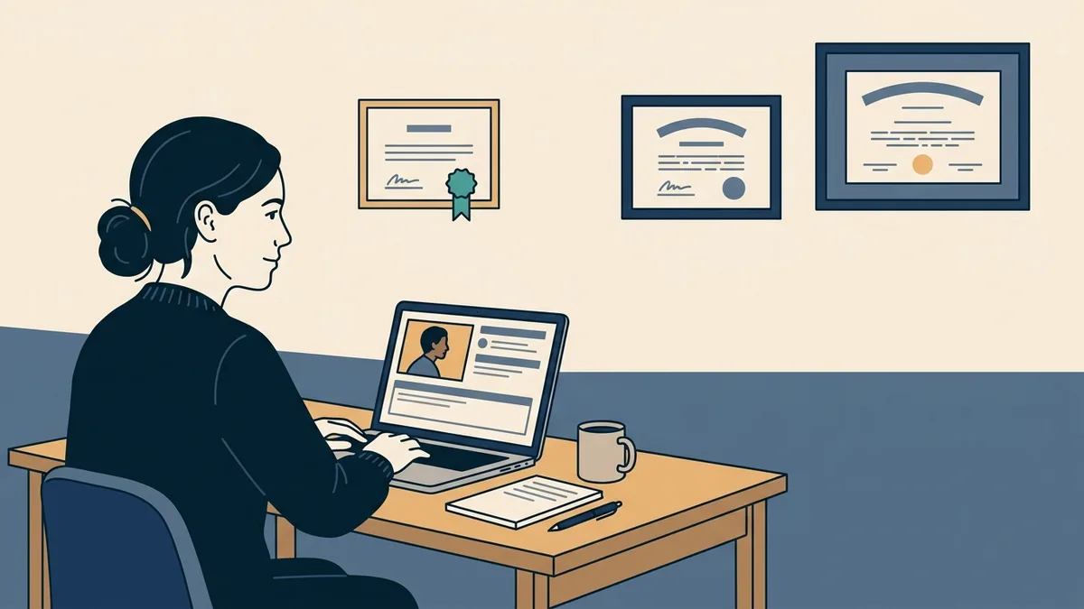 An addiction counselor on a telehealth call at a desk with a framed counseling license and a separate addiction credential on the wall.