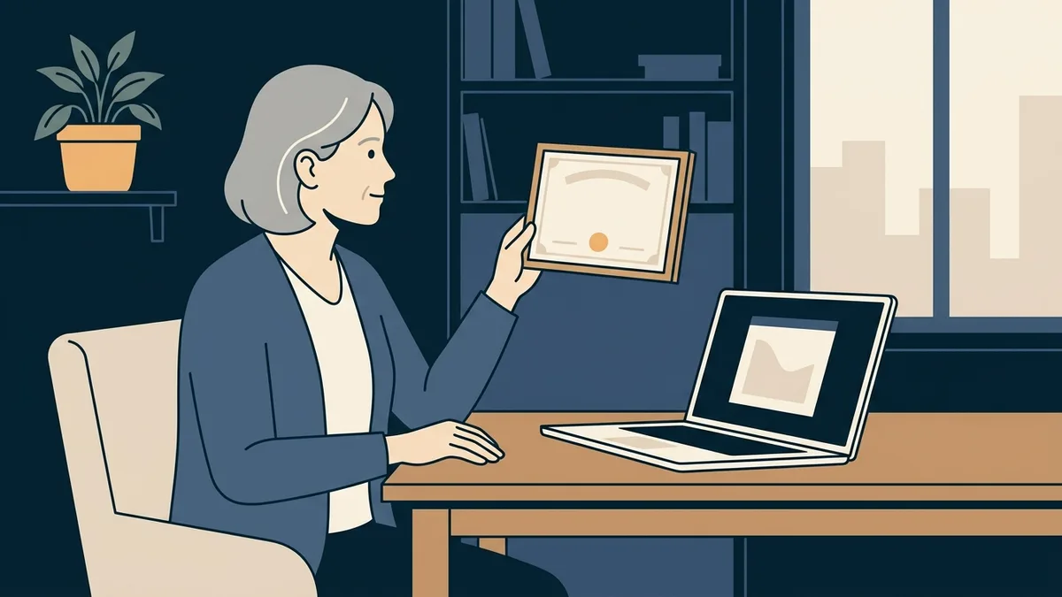 A senior counselor at a desk holding an older framed license next to a modern laptop.