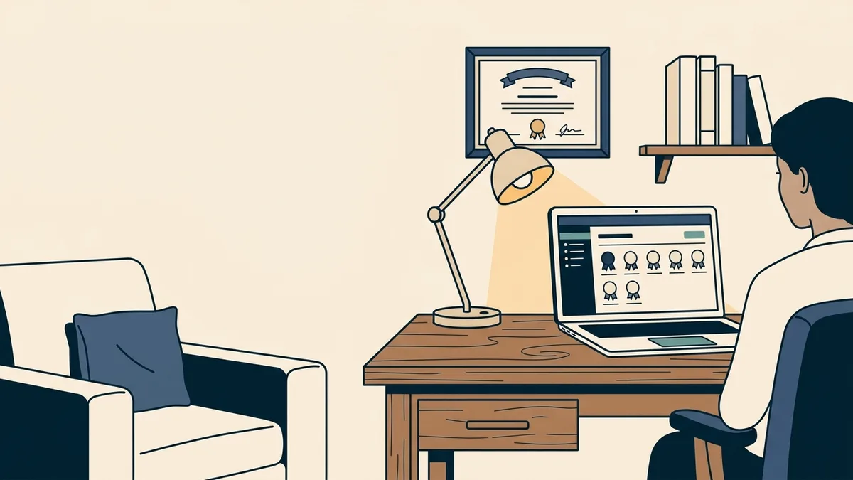 A counselor's desk with one framed license on the wall and a laptop showing a plain dashboard with several small badges beside it.