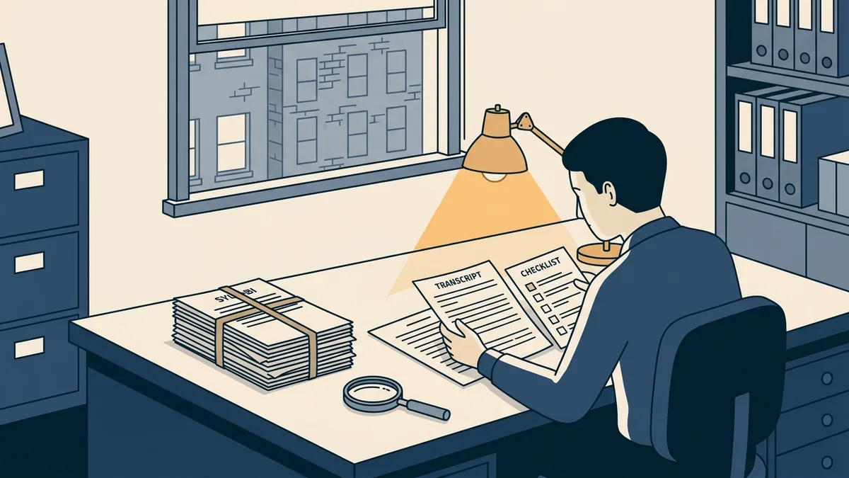 A licensing board reviewer at a desk comparing a transcript against a checklist with a magnifying glass.