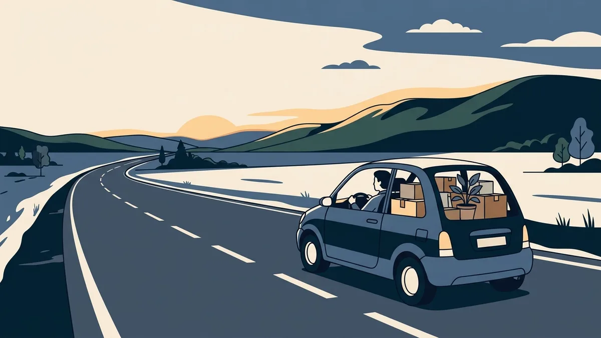A counselor driving a car packed with boxes along an open highway toward green hills at sunrise.