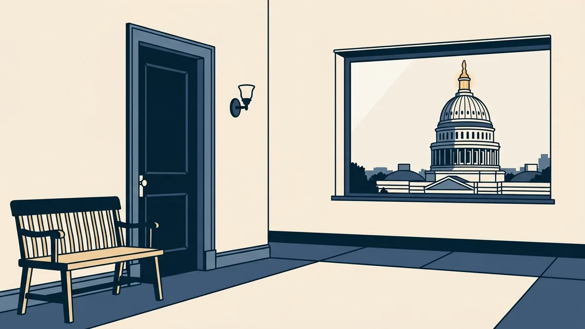 A state capitol dome in the background with a closed office door and a waiting bench in the foreground.