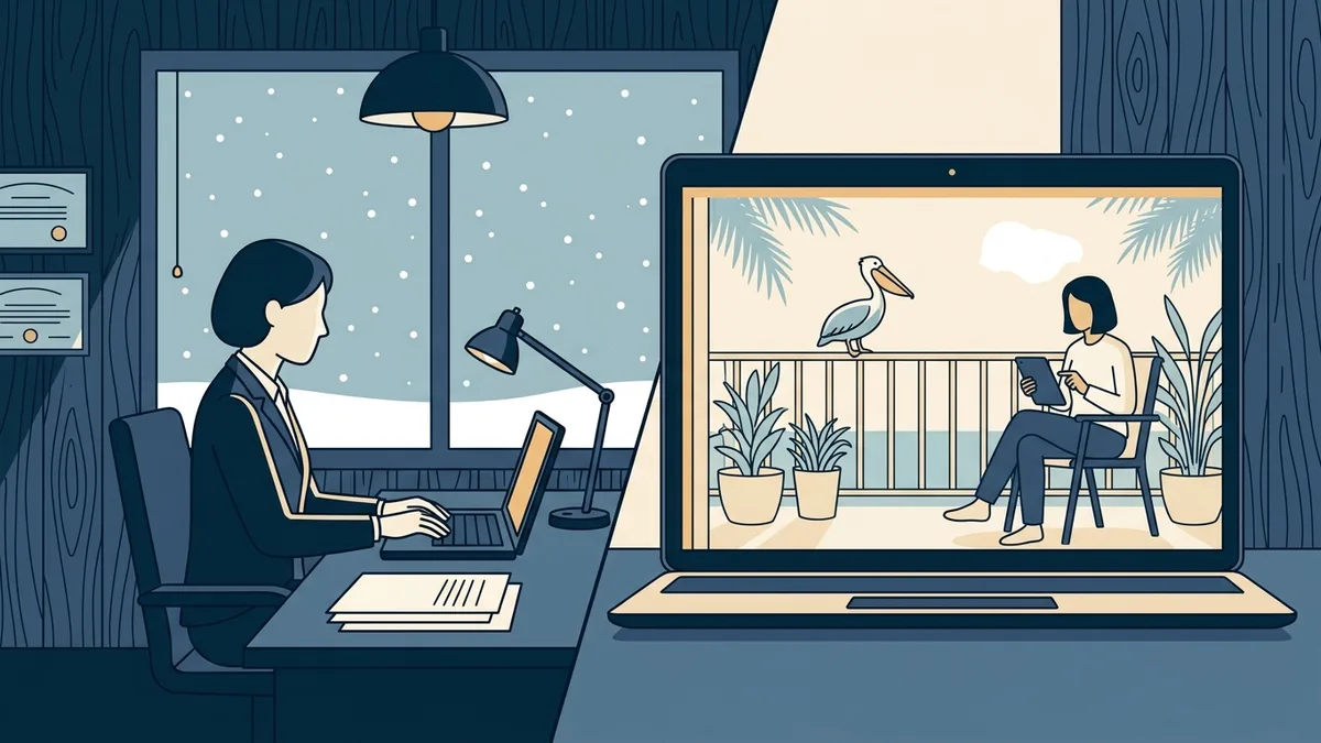 A counselor in a northern office with snow outside the window holding a video session with a client on a sunny Florida balcony.