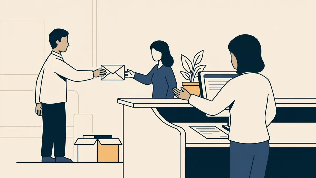 An addiction counselor handing a sealed envelope across a counter to a certification board clerk.