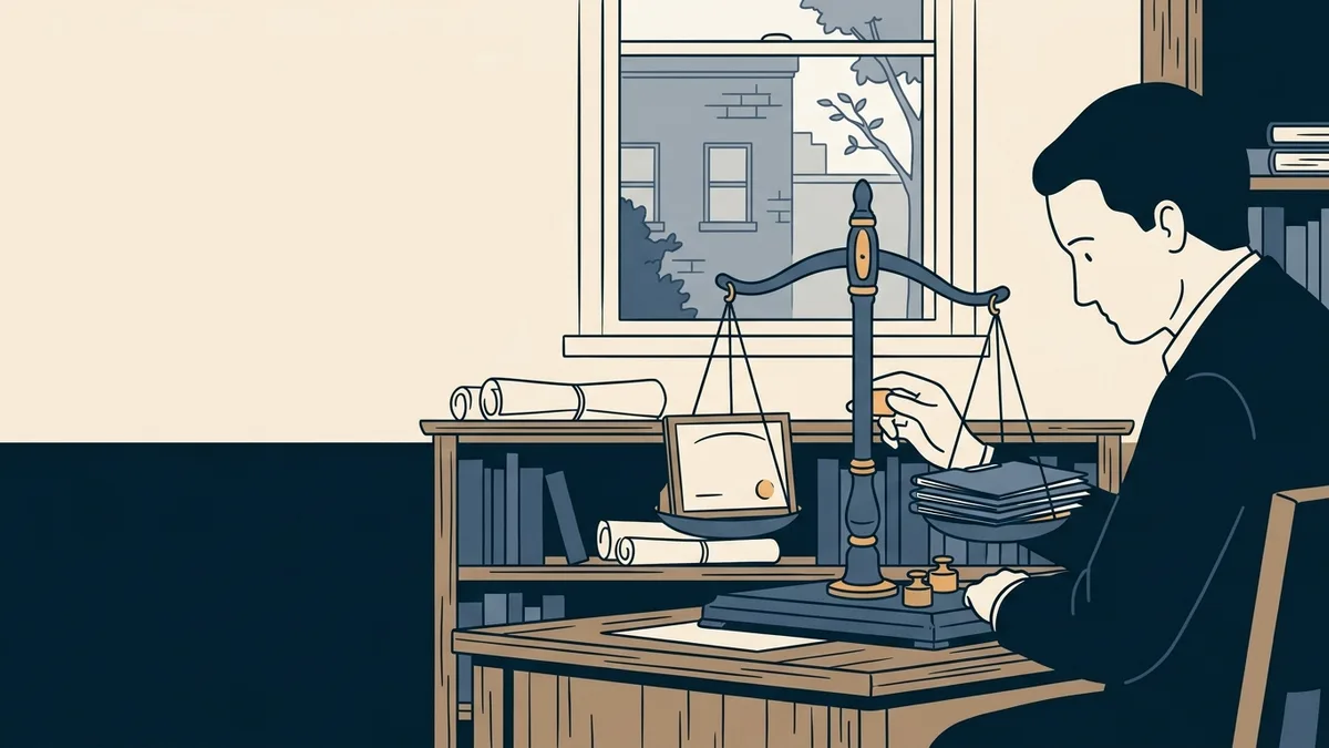 A counselor at a desk weighing two framed certificates on a brass balance scale.