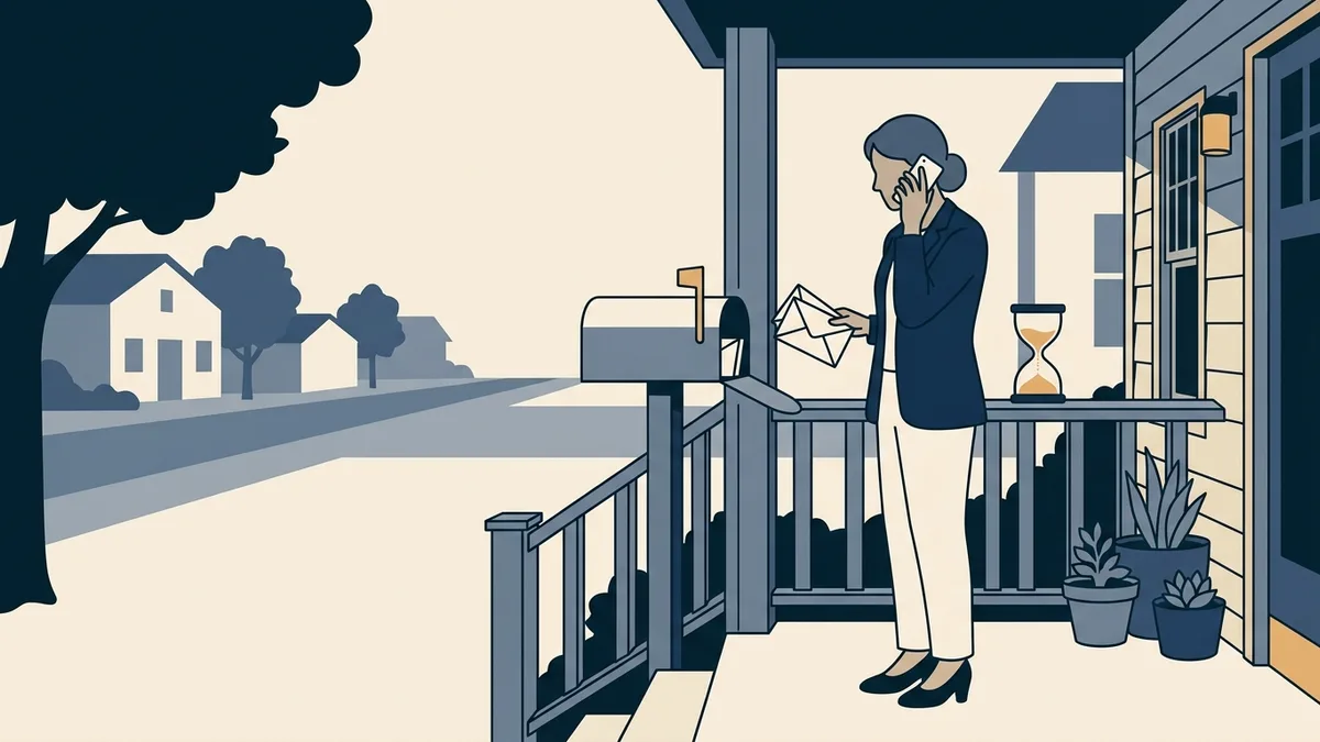A counselor checking the mailbox while holding a phone, with an hourglass on the porch rail beside her.