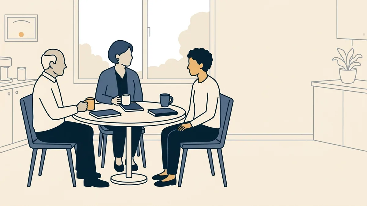 Three clinicians sitting together at a round table in a group practice break room, each with a coffee mug and notebook.