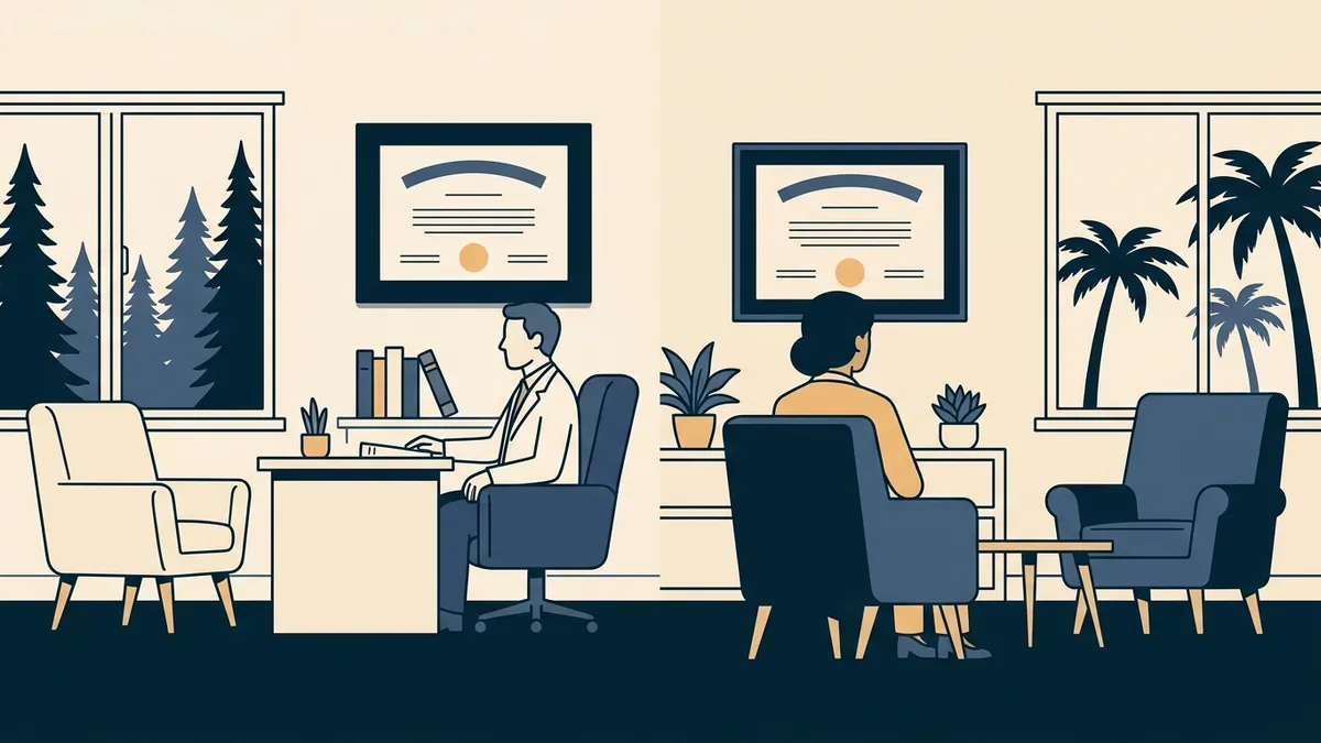 Two counselors in different offices on a split screen, each with a framed license on the wall.