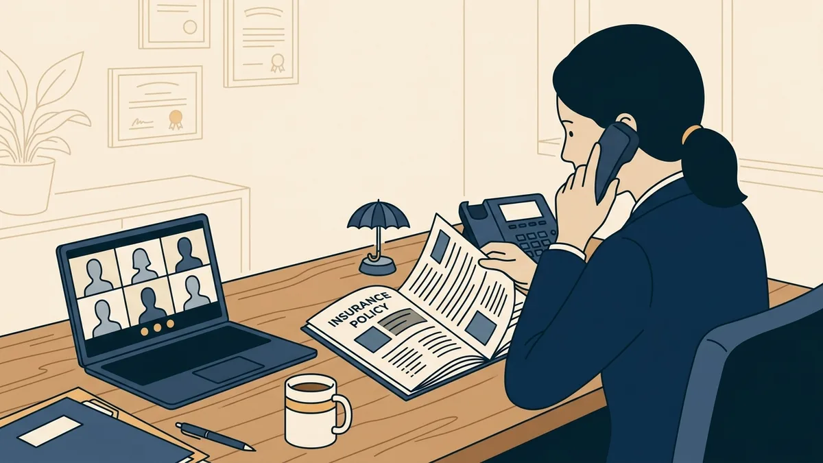 A counselor on the phone reading an insurance policy booklet, with a small globe and a laptop on the desk.