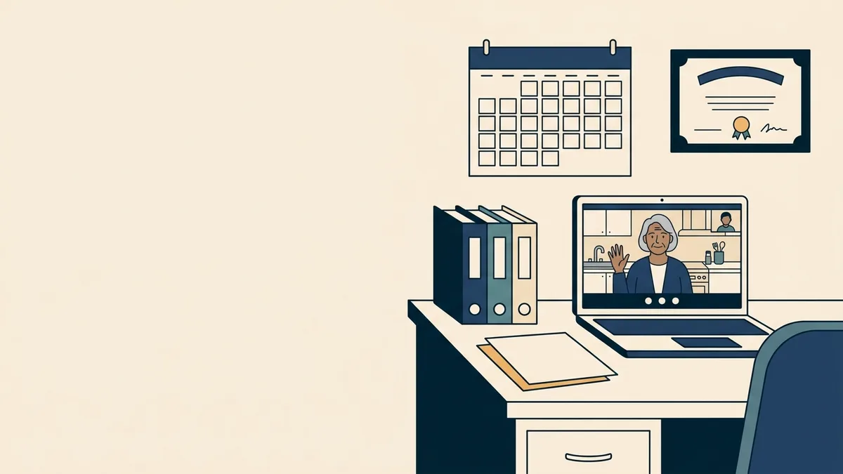 A counselor's desk with three small stacked folders in different colors beside a laptop showing an older client on video.