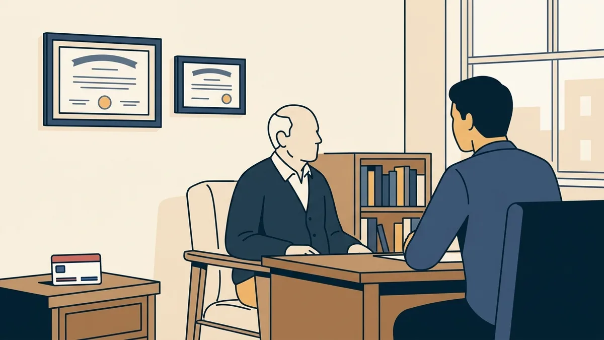 An older man in a counseling session with a counselor, a Medicare card and a framed diploma visible in the room.