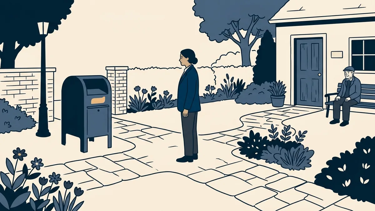 A counselor at a fork in a garden path, one path leading to a mailbox and the other to a private office door.