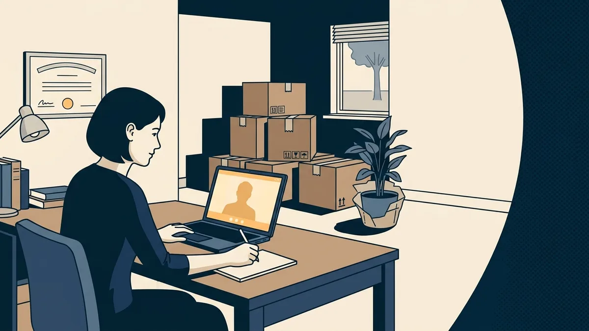 A counselor on a video session from a half-unpacked new home office, with moving boxes stacked behind her.