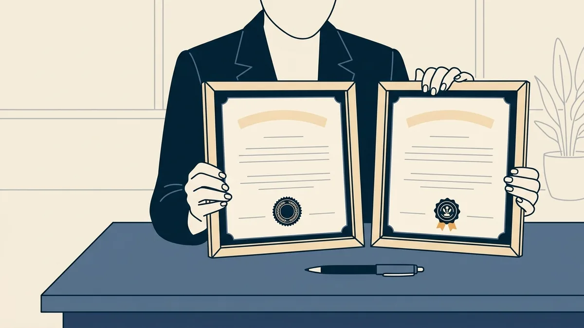 Two certificate frames on a desk side by side with similar seals, a counselor's hand comparing them.