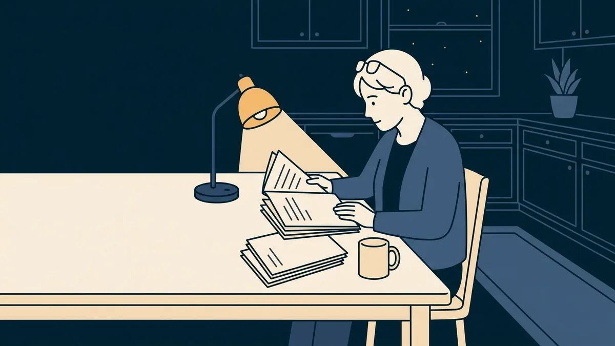 An experienced counselor reviewing a clinical case file at a kitchen table in the evening.