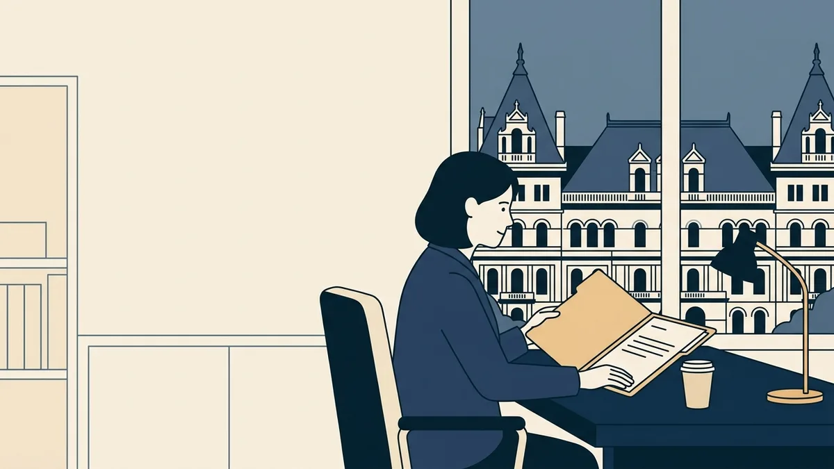 A counselor reviewing paperwork at a desk by a window overlooking the New York State Capitol in Albany.