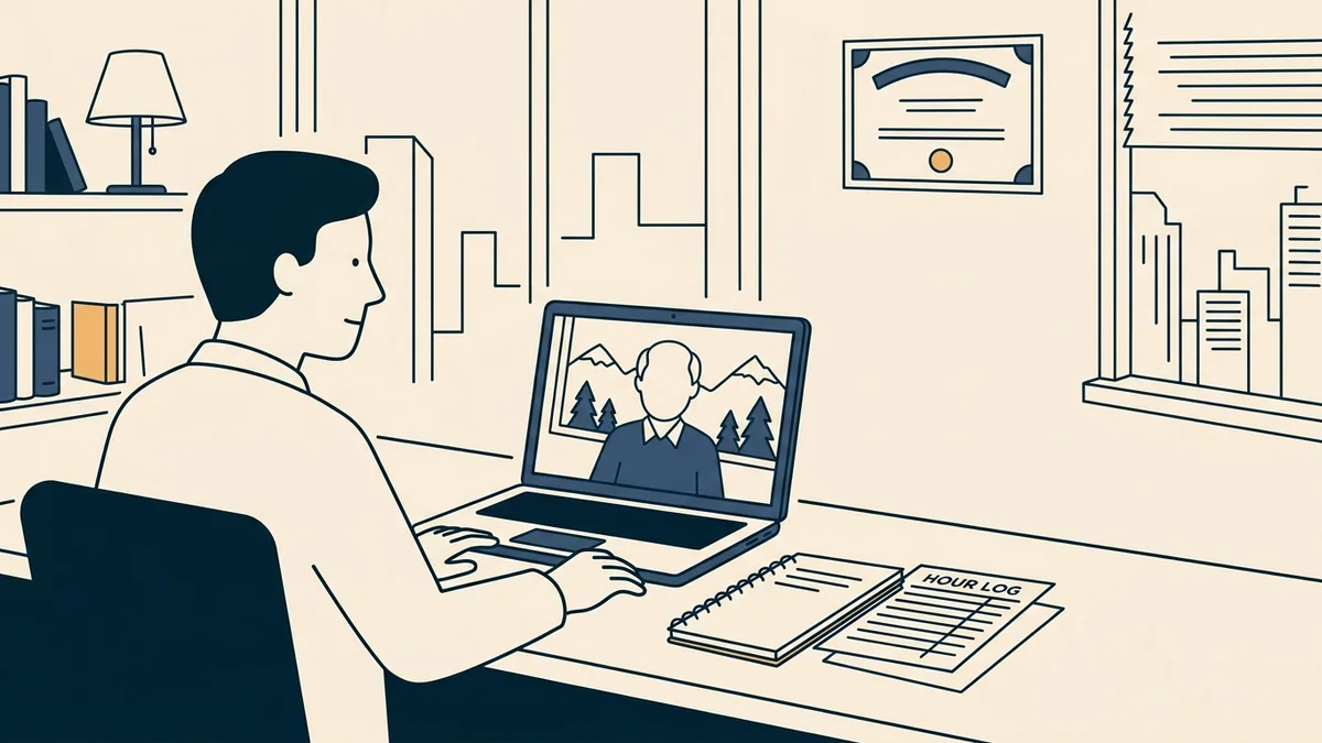 An associate counselor on a video supervision call with a supervisor whose office window shows mountains, while the associate's window shows a city.