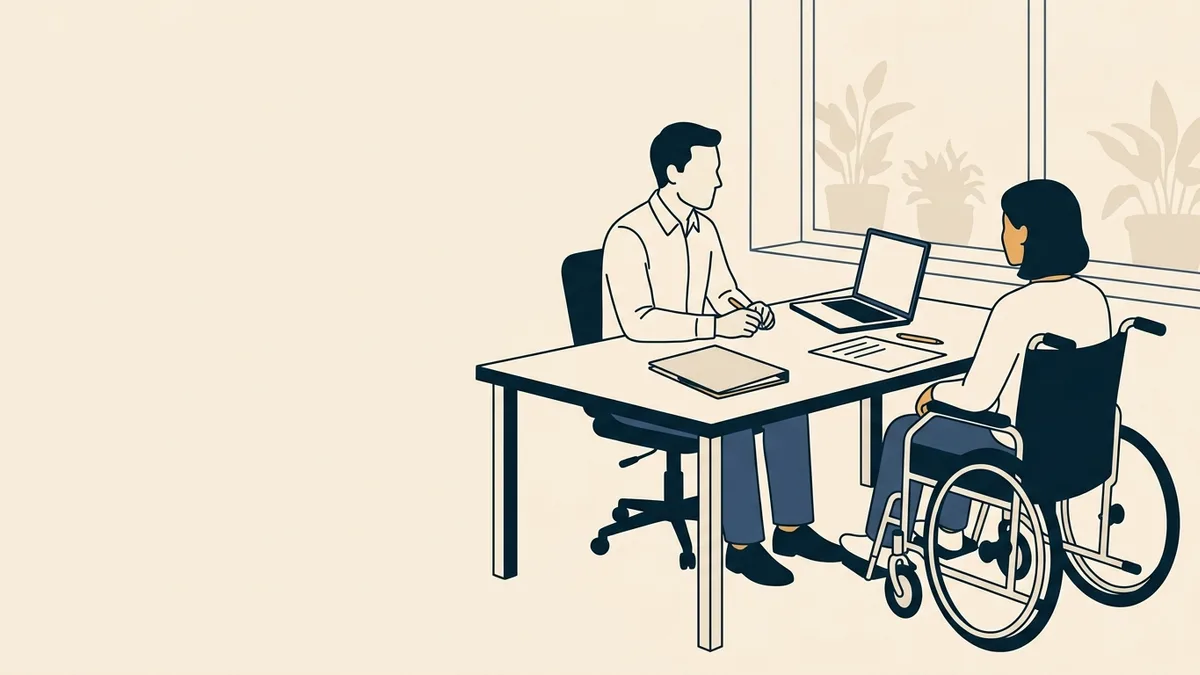 A rehabilitation counselor meeting with a client who uses a wheelchair at a bright office table.