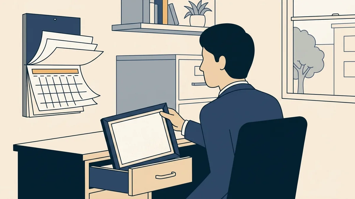A counselor finding an old license certificate in a desk drawer and checking a wall calendar.