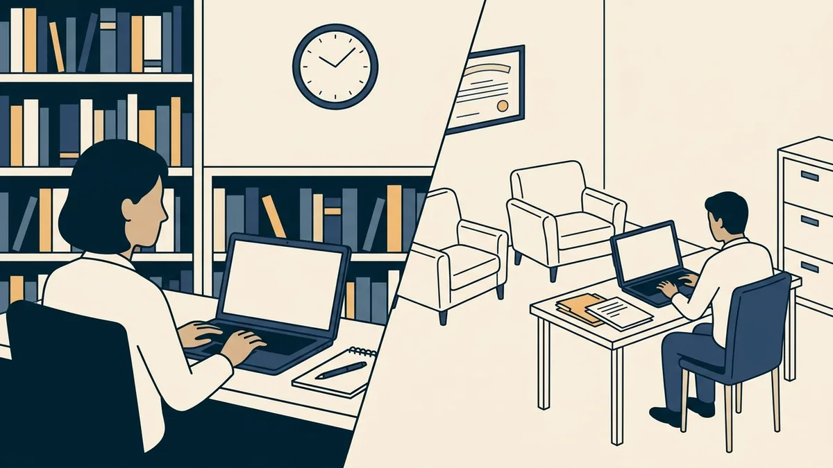 A supervisor and an associate counselor meeting by video, each at a desk in a different setting, with a wall clock behind the supervisor.