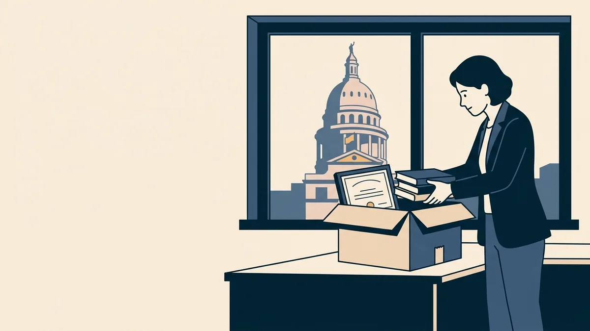 A counselor packing a moving box of clinical books with the Texas Capitol dome visible through the window.