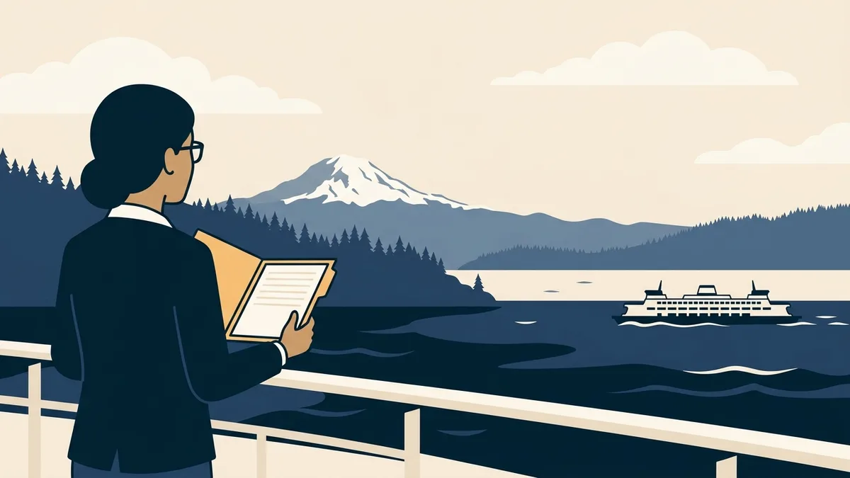 A counselor on a ferry deck in the Pacific Northwest with evergreen hills and a mountain in the distance.