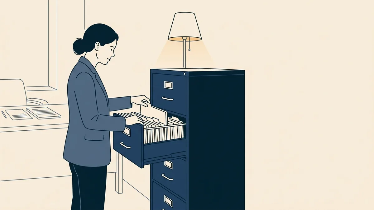 A filing cabinet drawer pulled open showing neatly labeled folders, with a counselor reaching in for one.