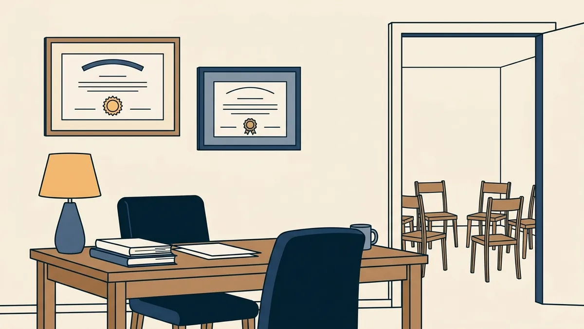 Two framed credentials on an office wall above a counselor's desk in a recovery center.