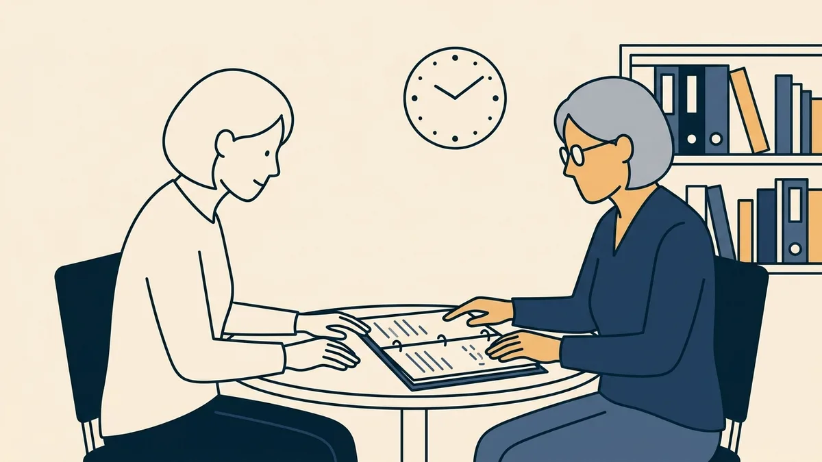 A newer counselor and an experienced supervisor reviewing a binder of hour logs together at a small round table.