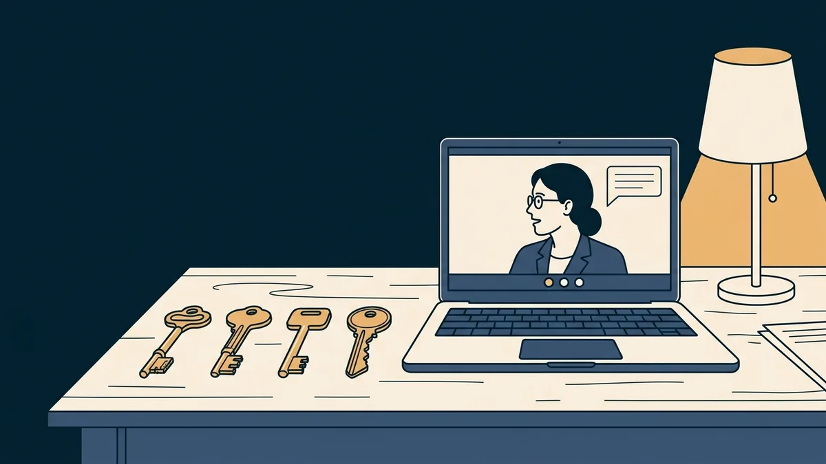 Four different keys laid side by side on a wooden desk next to a laptop showing a video session.