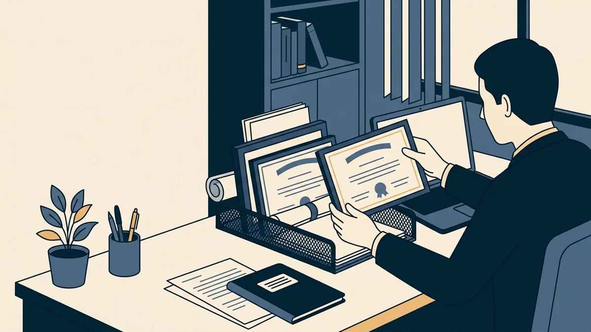 A counselor organizing license certificates, an insurance certificate and a diploma into a filing tray beside a laptop.