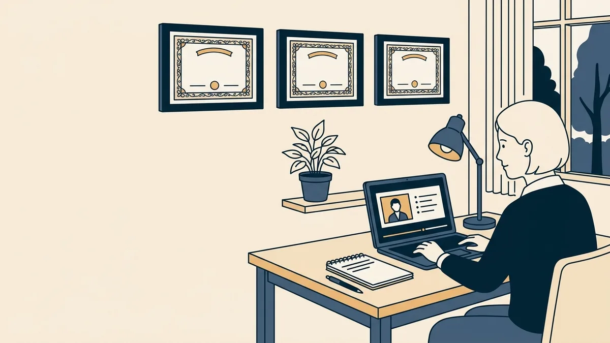 A counselor watching a continuing education webinar with several state license certificates on the wall behind.