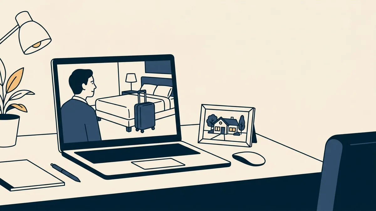 A client on a video call from a hotel room while a framed photo of their house sits on the counselor's desk.