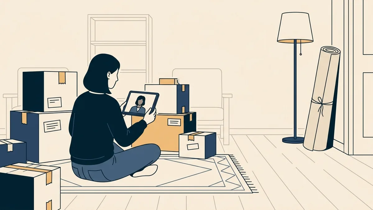 A client sitting among packed moving boxes in an emptying living room, talking with a counselor on a tablet.