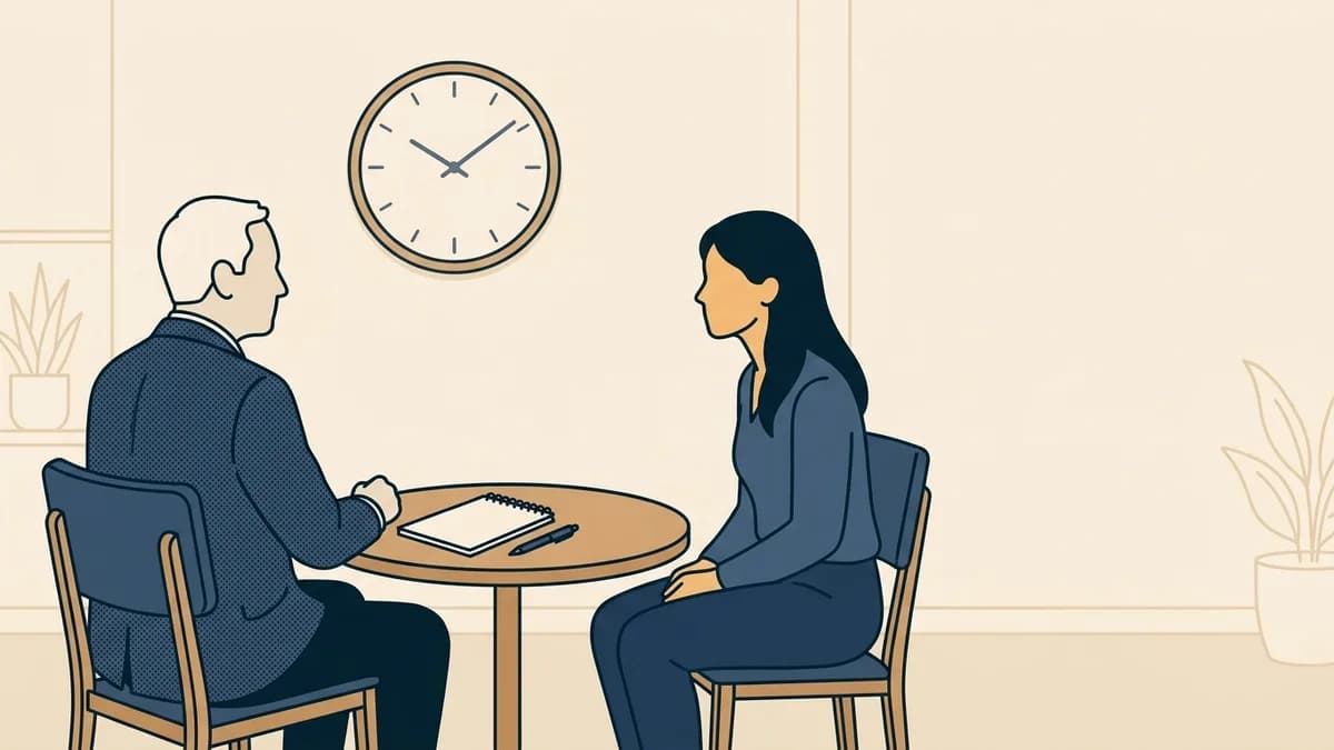 A senior counselor supervising a younger counselor across a small table with a wall clock behind them.