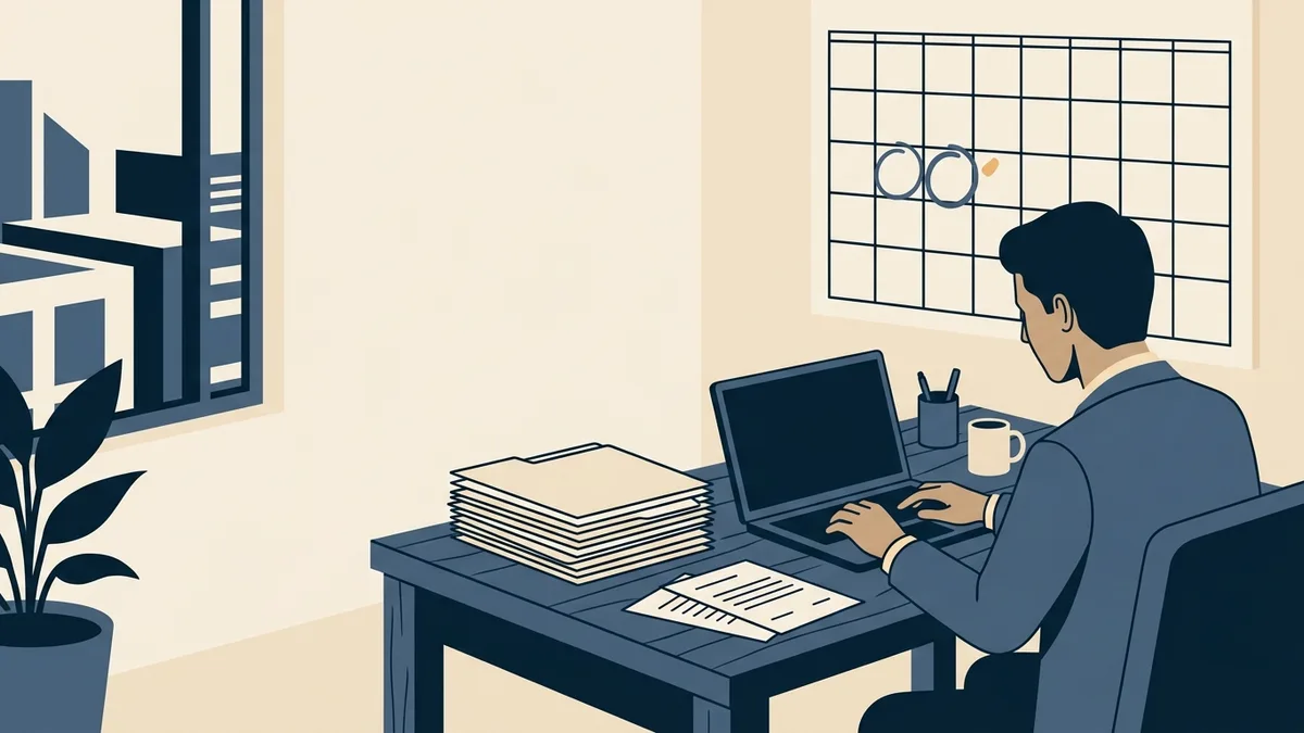 A wall calendar with two dates circled close together and a counselor checking a laptop beneath it.