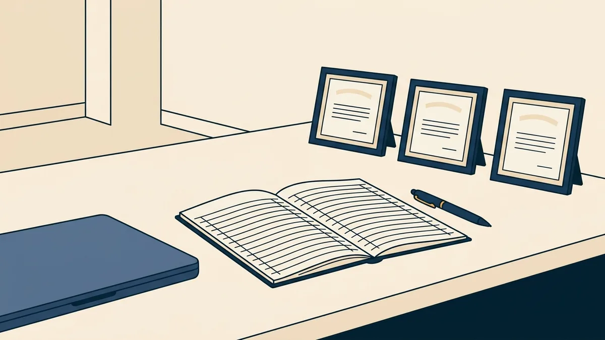 A counselor's desk with three framed licenses leaning against the wall and a ledger notebook open beside a laptop.