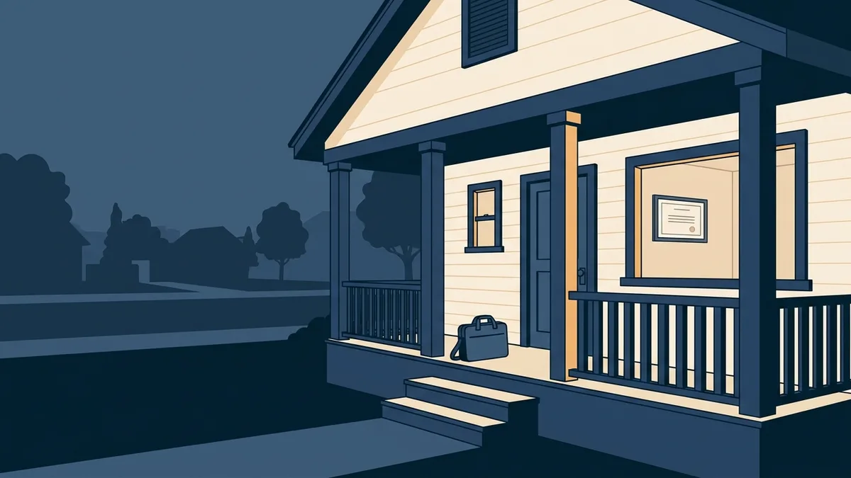A front porch of a house with a counselor's laptop bag by the door and a single framed license visible through the window.