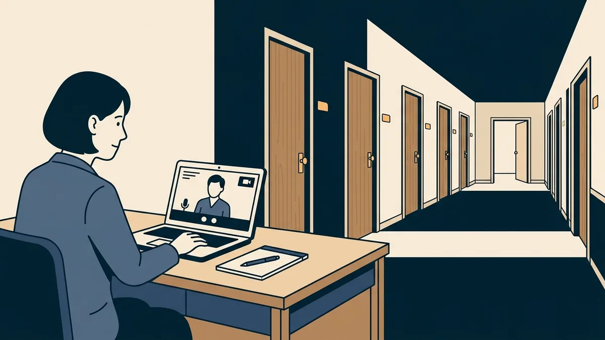 A counselor on a video call at a desk, with a row of closed doors in a long corridor drawn behind the screen.