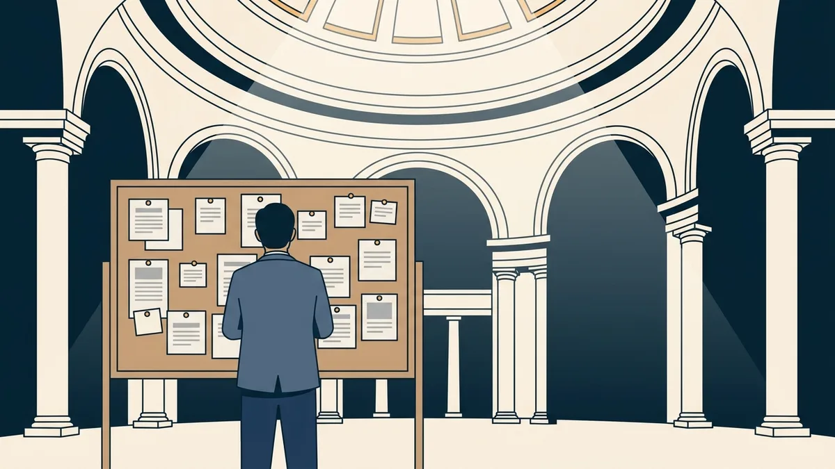 A state capitol rotunda with a counselor reading a bulletin board of posted notices.