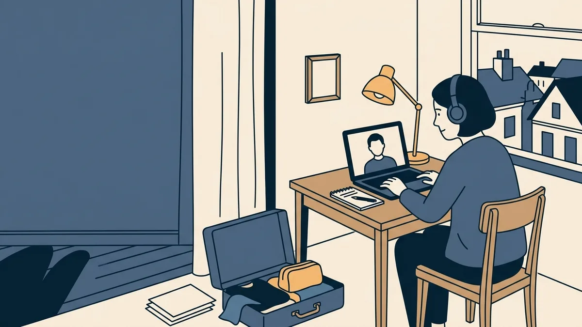 A counselor wearing headphones holding a video session from a rented apartment with a suitcase in the corner.