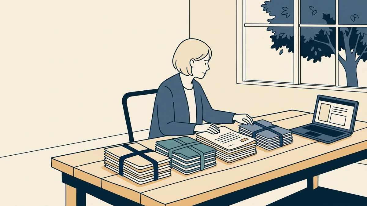 A counselor at a large table arranging several separate stacks of application folders, each tied with a different colored ribbon.